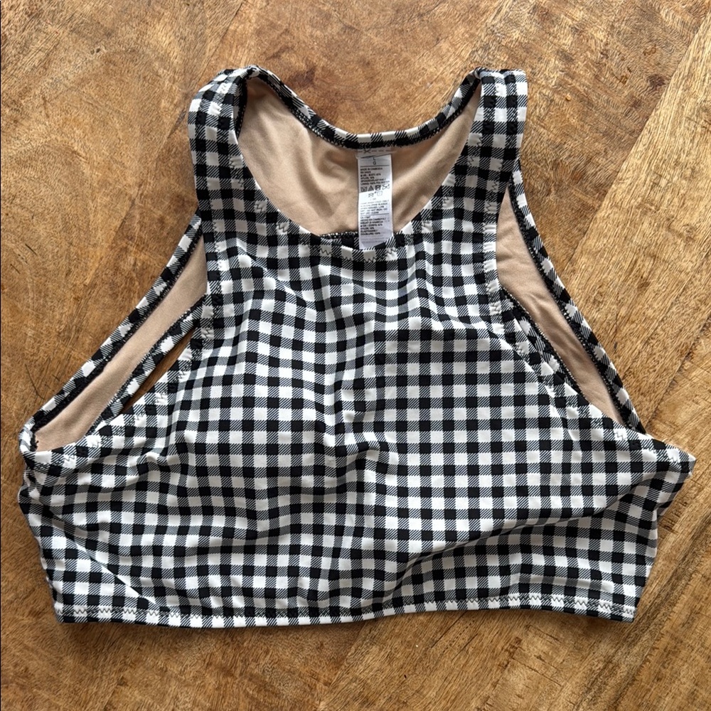Gingham High-Neck Open Back Swim Top || Old Navy